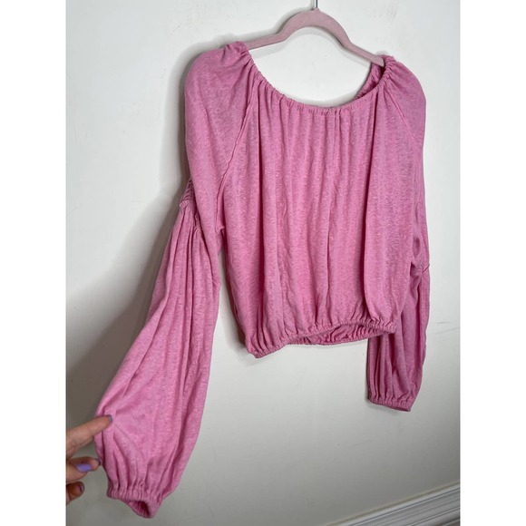 Free People In A Dream Ruched Linen Blend Crop Top in Pink Blouse Long Sleeve - Picture 6 of 7